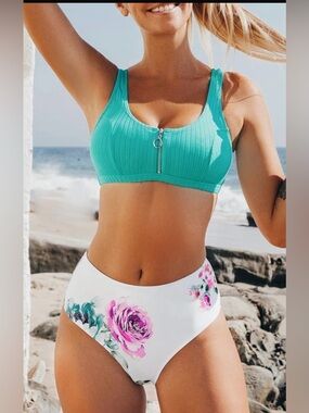 Cupshe Teal Ribbed Zip-Front Bikini Top with White Floral High-Waist Bottom